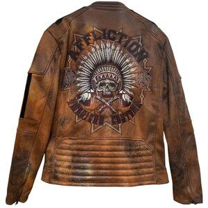 AFFLICTION Leather Biker Jacket Embroidered Native Skull Zip-up Men's size XL
